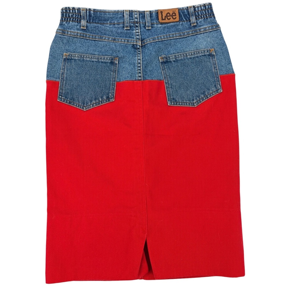 Vintage‎ Lee Made USA Denim Red Color Block Midi Skirt Women's 10 Petite Retro